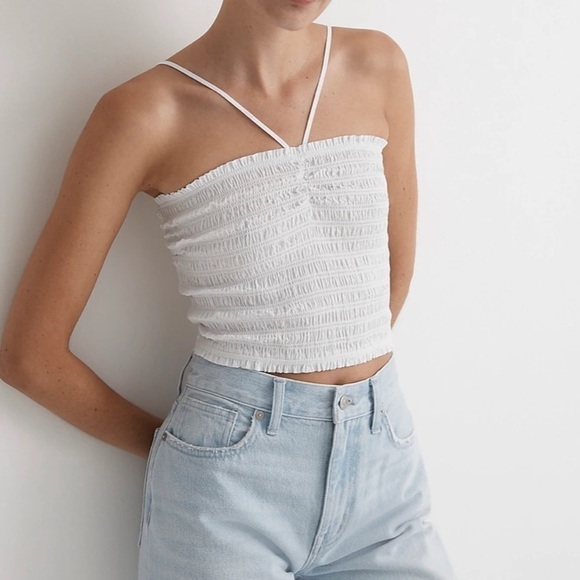 Madewell White Poplin Smocked Halter Crop Top Large NWT - Picture 3 of 10